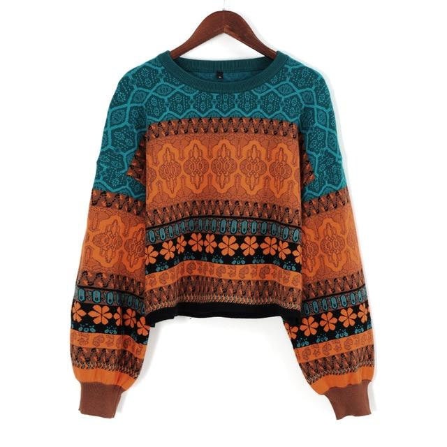 Cottagecore Clothing, Retro Knitted Sweater - Cozy Knit Vintage Design Sweater - Dark Academia Aesthetic Long Sleeve Boho Sweater