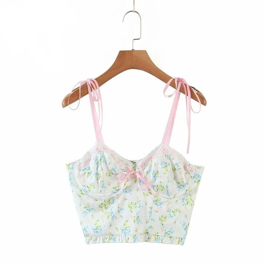 Fairycore Clothing - Vintage Floral Cottagecore Crop Top - Boho Aesthetic, Grunge Floral Pattern Ruffle Hem Lace Tank Top - V-Neck Cami Top | aesthetic, boho clothing, cottagecore, Cottagecore clothing, cottagecore fashion, faerie, fairy shirt, fairycore clothing, goblincore, grunge faiycore, vintage, womens clothing, y2k aesthetic | Moon and Cottage