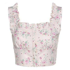 Fairycore Clothing - Floral Coquette Aesthetic Crop Top - Floral Pattern Fairy Tank Top - Cottagecore Crop Top in Deep Square Neck
