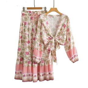 Vintage Floral Cottagecore Matching Set - Fairycore Aesthetic, Women High-Waisted Long Sleeves Boho Top & Flowy Skirt