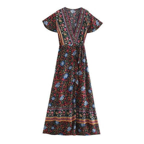 Folk Bohemian Cottagecore Floral Dress - Vintage Retro Chic Floral Print Wrap Maxi Dress – Women Sexy V-Neck Boho Dress