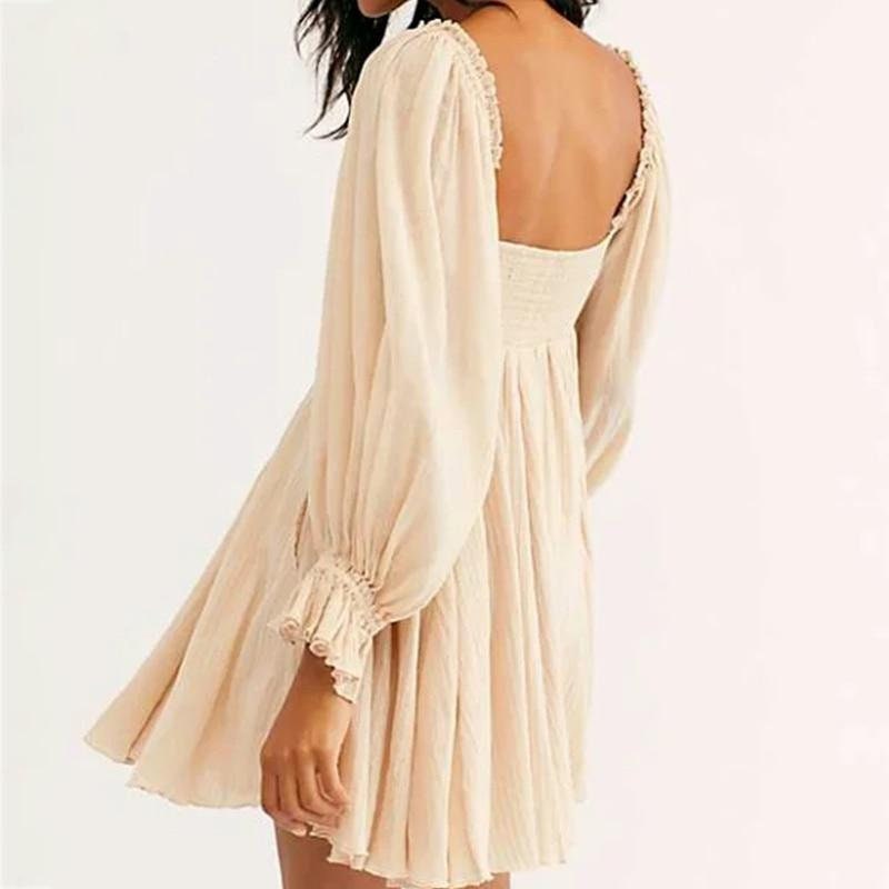 Romantic Bohemian Mini Dress - Lantern Sleeve Deep Neck Lace-Up Fairycore Dress - Women Off Shoulder Cottagecore Dress