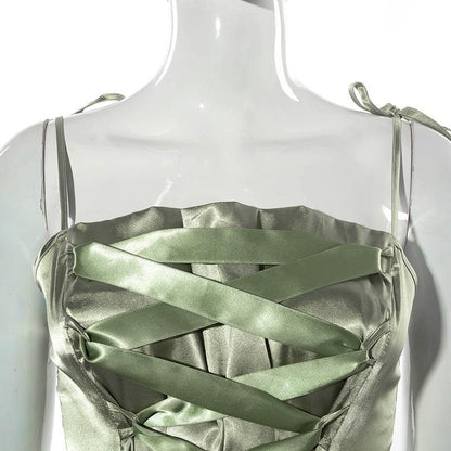 Forest Bandage Lace Up Satin Dress - Grunge Fairycore Dress, Sleeveless A-Line Cottagecore Mini Dress with Thin Straps