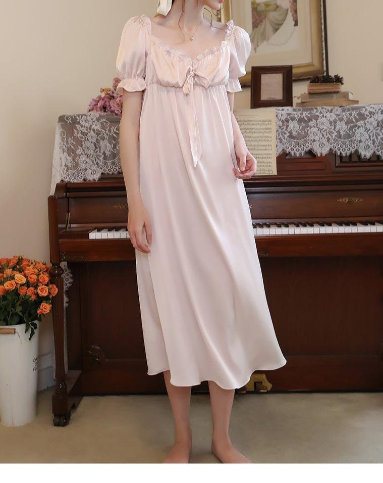 Cottagecore Satin Nightgown - Fairycore Aesthetic Romantic Boho Nightgown - Women Sleepwear V-Neck Short Sleeve Nightie