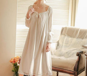 Vintage Nightgown Dress - Princess Floral Embroidery Lace Up Long Sleeves Nightdress - Women V-Neck Fashion Boho Nightie