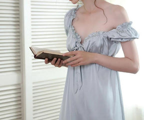 Cottagecore Satin Nightgown - Fairycore Aesthetic Romantic Boho Nightgown - Women Sleepwear V-Neck Short Sleeve Nightie