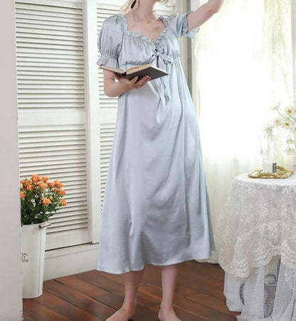 Cottagecore Satin Nightgown - Fairycore Aesthetic Romantic Boho Nightgown - Women Sleepwear V-Neck Short Sleeve Nightie