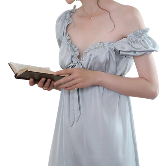 Cottagecore Satin Nightgown - Fairycore Aesthetic Romantic Boho Nightgown - Women Sleepwear V-Neck Short Sleeve Nightie | aesthetic, boho clothing, cottagecore, Cottagecore clothing, cottagecore dress, cottagecore fashion, fairycore clothing, goblincore, nightdress, nightgown, vintage, womens clothing, y2k aesthetic | Moon and Cottage