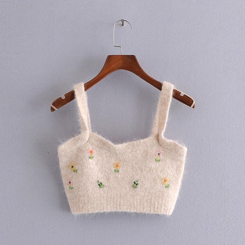 Cottagecore Clothing, Floral Embroidery Knit Crop Top Bralette - Cropped Knitted Boho Tank Top - Women Camis Chic Goblincore Top