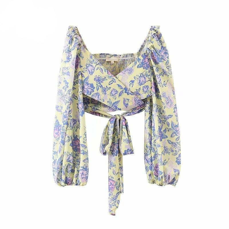 Floral Front Tie Crop Top - Fairycore Aesthetic, Floral Ruffle Boho Tank Top - Women Long Puff Sleeve V-Neck Cami Top | aesthetic, boho clothing, cottagecore, Cottagecore clothing, cottagecore fashion, fairycore clothing, goblincore, vintage, womens clothing, y2k aesthetic | Moon and Cottage