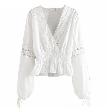 Boho Cottagecore Blouse - Fairycore Aesthetic, Vintage Long Sleeve Lace Blouse - Women Deep V-Neck White Flowy Shirt