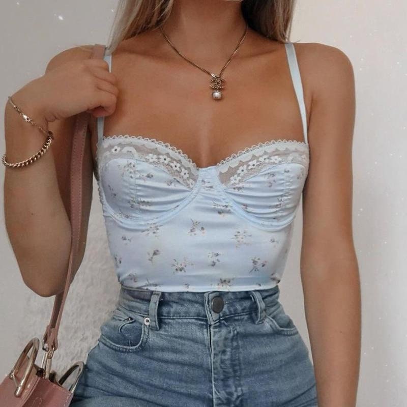Pastel Aesthetic 90's Bustier - Cottagecore Aesthetic, Floral Print Sleeveless Spaghetti Strap Top - Backless Cami Top