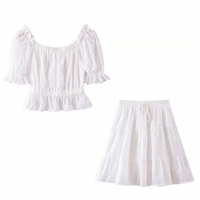 Dreamy Boho Matching Set - Fairycore Clothing, Elastic Waistline & Flowy Set - Puff Sleeve Ruffle Blouse with Mini Skirt