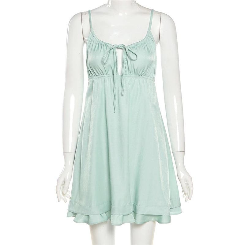 Fairycore Olive Tie Front Sundress - Boho Aesthetic, Cottagecore Dress - Women A-Line Beach Dress