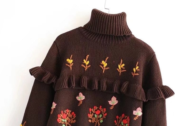 Cottagecore Embroidered Sweater - Hobbitcore Aesthetic, Long Sleeve Boho Sweater - Floral Embroidery Turtleneck Sweater