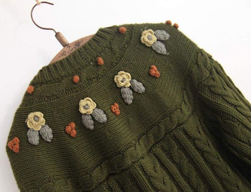 Cottagecore Folk Tales Knitted Floral Embroidery Sweater - Boho Aesthetic, Cozy Forest Green Knit Vintage Mushroom Sweater, Goblincore