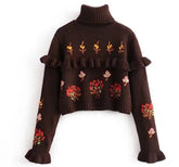 Cottagecore Embroidered Sweater - Hobbitcore Aesthetic, Long Sleeve Boho Sweater - Floral Embroidery Turtleneck Sweater