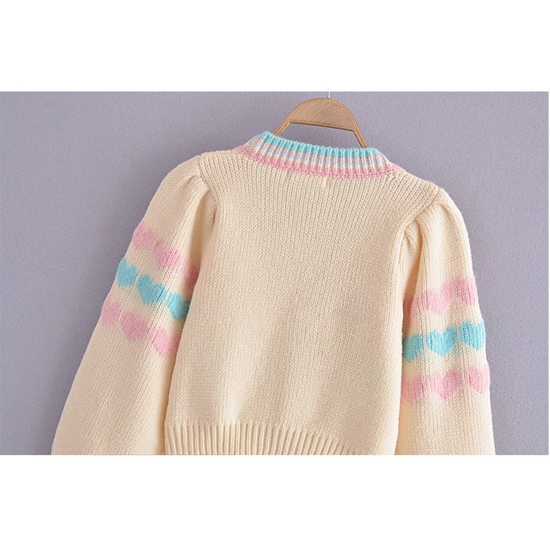 Cottagecore Heart Cardigan Sweater - Womens Aesthetic Vintage Pastel Cardigan - Button-Down Long Sleeves Boho Sweater