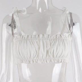 Fairycore White Mini Crop Top - Fairycore Aesthetic, Vintage Bow Tie Bustier Top - Women Fashion Spaghetti Straps Camis