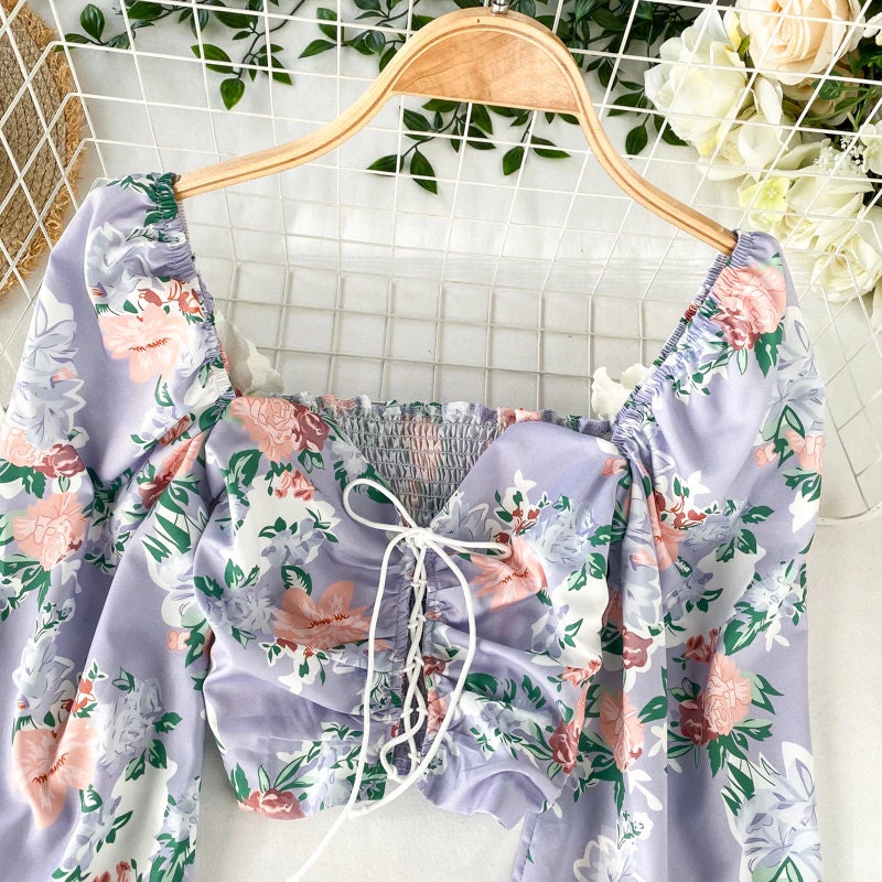 Vintage Floral Cottagecore Crop Top - Fairycore Aesthetic, Women Stretch Slim Square Collar Printed Puff Sleeves Blouse
