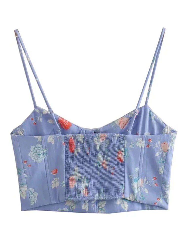 Cottagecore Aesthetic, Cropped Blue Y2k Corset Top - Vintage Floral Sleeveless Crop Top - Women Ruched Printed Camisole