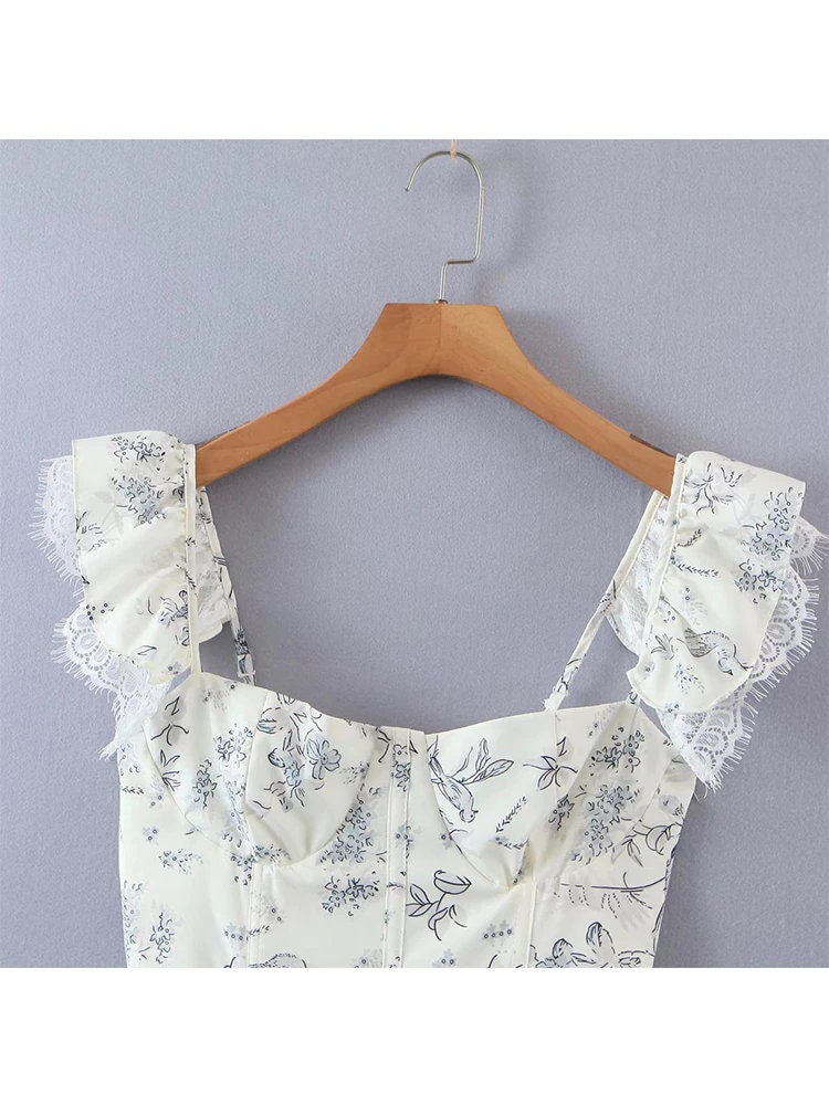 White Floral Cottagecore Crop Top - Fairycore Aesthetic, Lace Trim Flying Sleeve Blouse - Women Printed Boho Tank Top