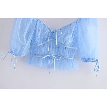 Cottagecore Aesthetic, Blue Tulle Crop Blouse - Fairycore Clothing, Midi Puff Sleeves Slim Blouse Top - Women V-Neck Lace Bow Top