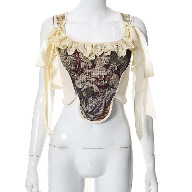 Cottagecore Clothing, Renaissance Bandage Bustier Top - Parisian Style Vintage Lace Trim Portrait Graphic Corset Top
