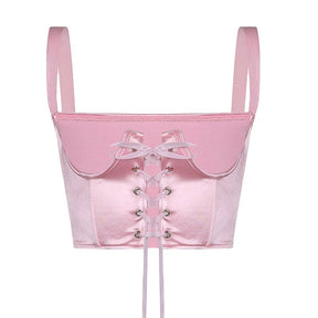 Cottagecore Aesthetic, Coquette Satin Pink Lace Up Corset Top - Parisian Style Princesscore Bustier Top