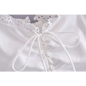 Cottagecore Clothing, Lace Trim White Crop Blouse - Fairycore Aesthetic, Vintage V-Neck Puff Sleeve Blouse - Delicate Parisian Style Top