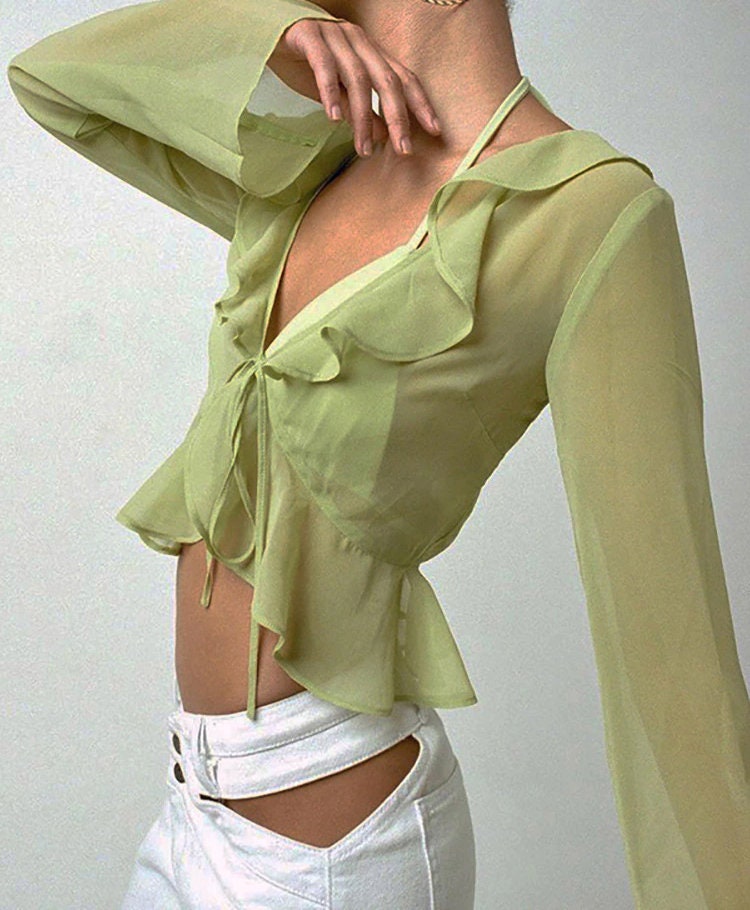 Vintage 90s Ruffles Trim Green Blouse - Y2K Aesthetic, Deep V-Neck Lace Up Crop Top - Women Transparent Long Sleeve Top