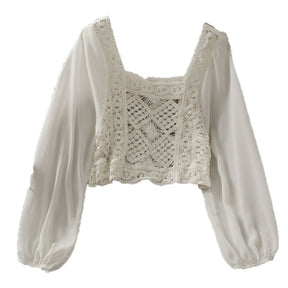 Vintage Cottagecore Blouse - Y2k Aesthetic, Hollow Puffy Sleeves Knitted Blouse - Women Square Collar Boho Pullover Top