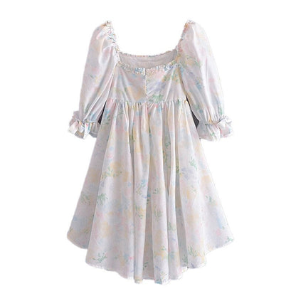 Palace Style Fairycore Dress - Cottagecore Aesthetic, Vintage Square Neck Puff Sleeve Dress - Women A-Line Boho Dress