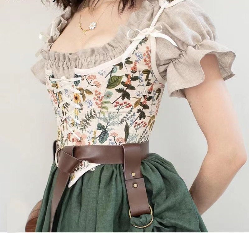 Vintage Chic Floral Cottagecore Corset | Fairycore Aesthetic | Printed Corset Top with Ribbon | Women Renaissance Corset