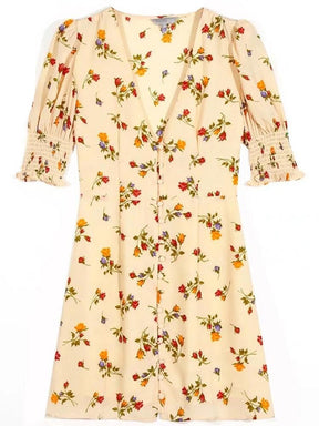 Prairie Chic Floral Print Mini Dress - Cottagecore Aesthetic, Front Buttons V-Neck Short Sleeve A-Line Boho Dress