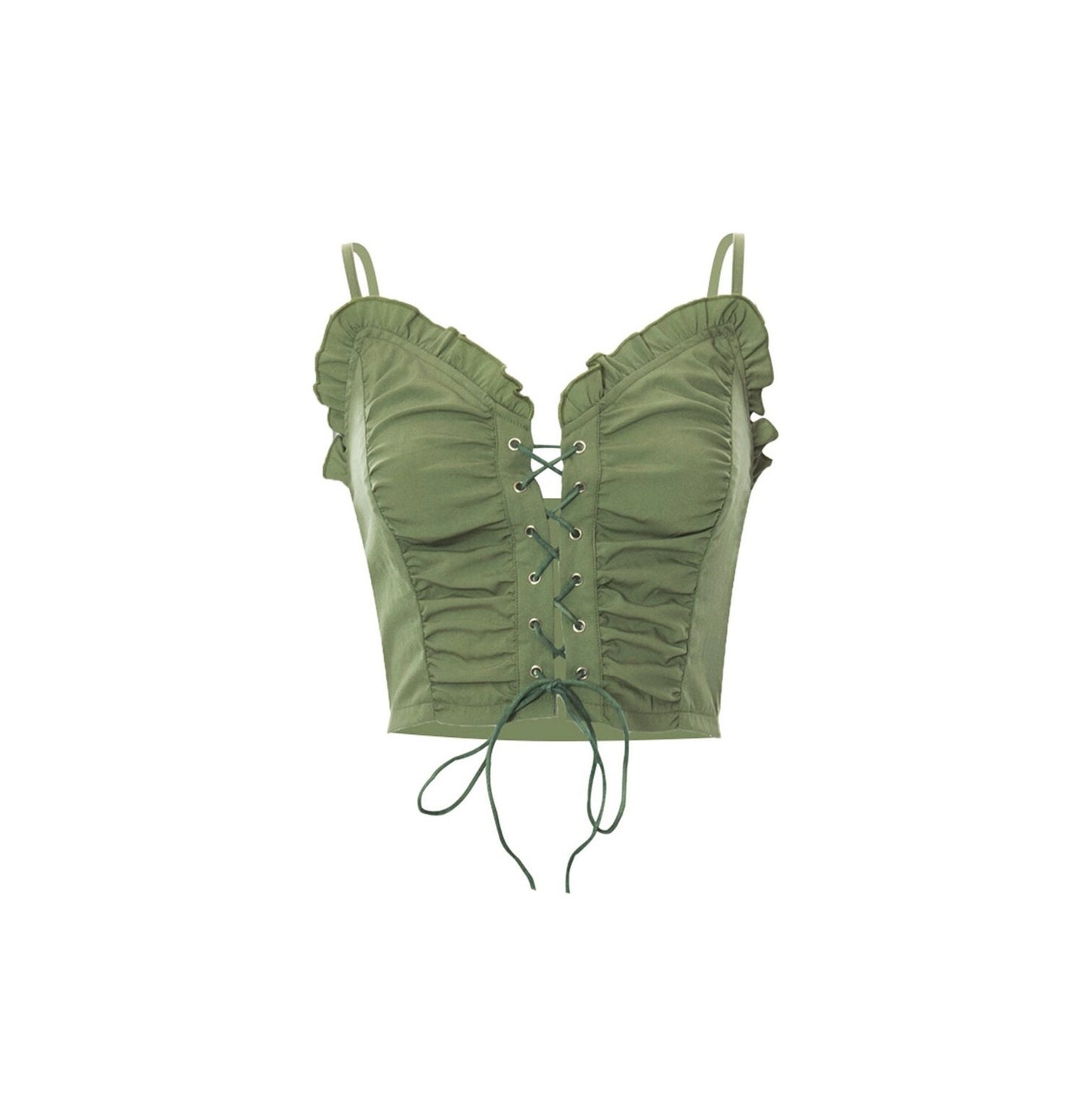 Fairycore Aesthetic Earth Green Camisole - Goblincore Aesthetic, Ruffle Trim Lace Up Casual Top - Women Boho Top