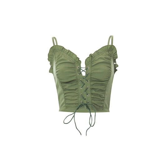 Fairycore Aesthetic Earth Green Camisole - Goblincore Aesthetic, Ruffle Trim Lace Up Casual Top - Women Boho Top | aesthetic clothing, boho aesthetic, cottagecore clothing, cottagecore fashion, darkcottagecore, fairycore aesthetic, goblincore clothing, grunge clothing, indie clothing, prairie clothing, vintage clothing, women clothing, y2k aesthetic | Moon and Cottage