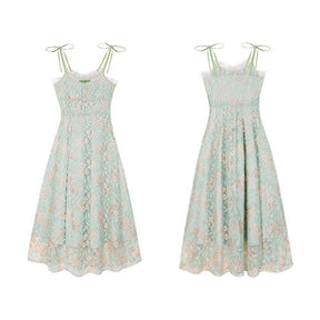 Cottage Tea Time Floral Print Dress - Fairycore Aesthetic, Vintage Spaghetti Strap Midi Dress - Women Sweetheart Boho Dress