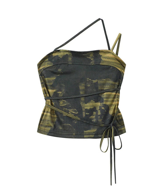 Grunge Fairycore Camouflage Print Strappy Top  - Vintage Bandage Tie Dye Retro Camisole | aesthetic clothing, boho aesthetic, cottagecore clothing, cottagecore fashion, darkcottagecore, fairycore aesthetic, goblincore clothing, grunge clothing, indie clothing, prairie clothing, vintage clothing, women clothing, y2k aesthetic | Moon and Cottage