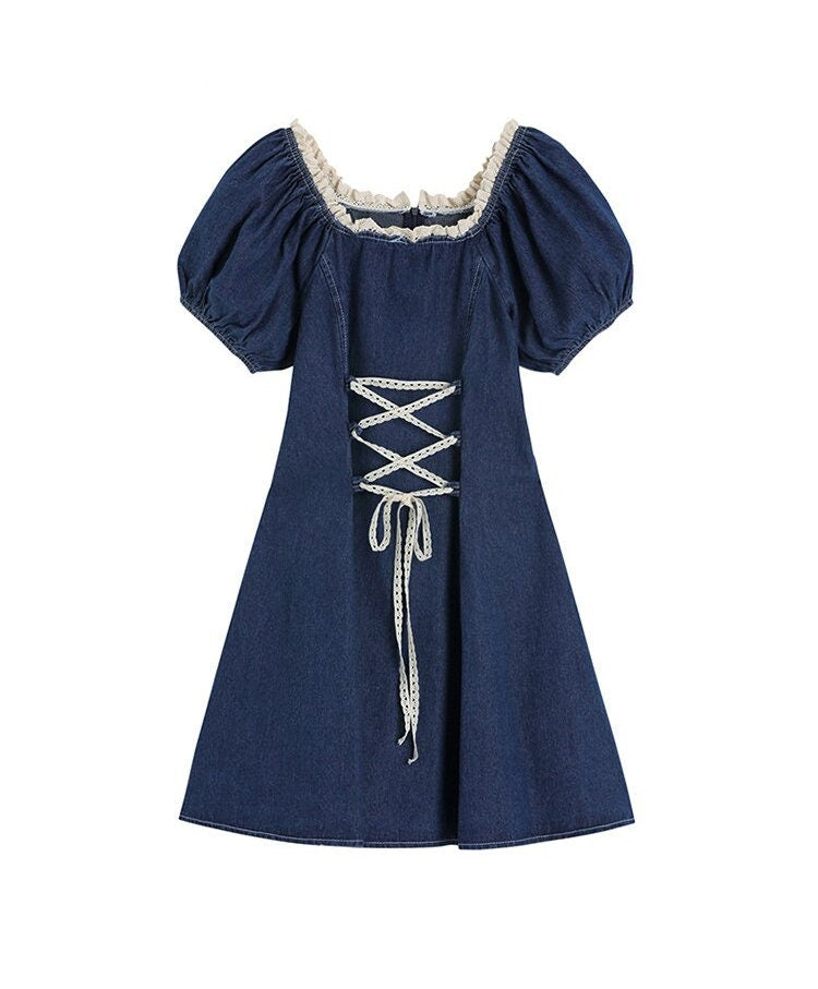 Vintage Chic Blue Denim Dress - Cottagecore Aesthetic, Women Puff Sleeve Lace Detail Dress - Vintage Drawstring Lace Up Dress