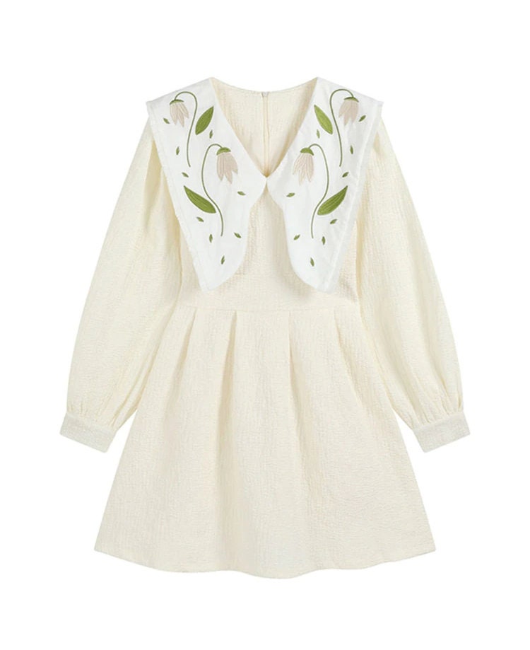 Women Long Sleeve Floral Embroidery Dress - Vintage Chic Peter Pan Collar Mini Dress - Mori Girl Aesthetic, High Waist A-Line Frock