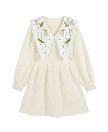 Women Long Sleeve Floral Embroidery Dress - Vintage Chic Peter Pan Collar Mini Dress - Mori Girl Aesthetic, High Waist A-Line Frock
