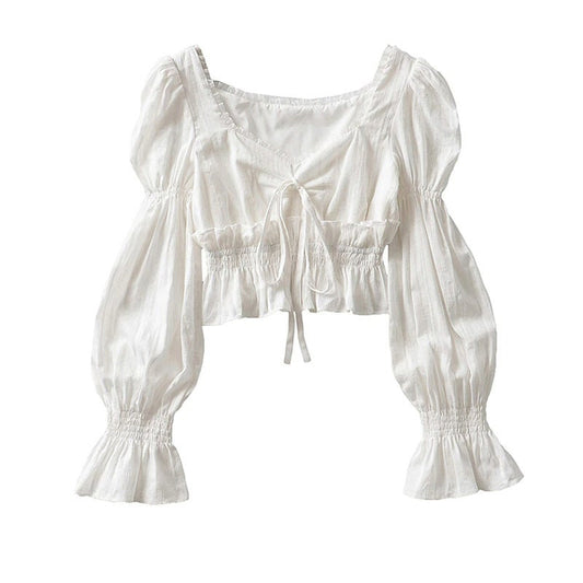 Vintage White Pleated Blouse Top - Cottagecore Aesthetic Square Collar Lantern Long Sleeve Shirt - Women Front Tie Boho Top