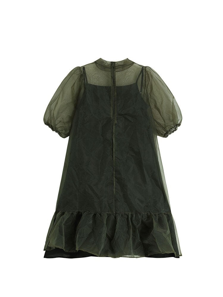 Goblincore Mesh A-Line Mini Dress - Grunge Fairycore Short Sleeve O-Neck Boho Dress - Women Casual Vintage Slim Frock