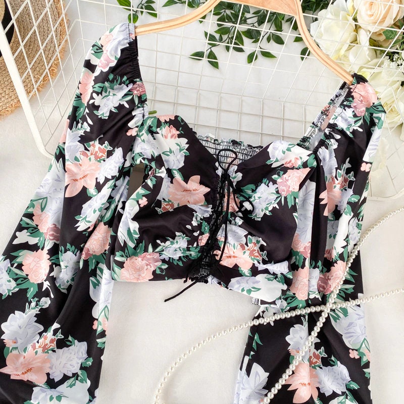 Vintage Floral Cottagecore Crop Top - Fairycore Aesthetic, Women Stretch Slim Square Collar Printed Puff Sleeves Blouse