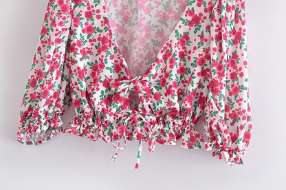 Vintage Cottagecore Blouse - Floral Half Sleeve V-Neck Cottagecore Aesthetic - Women Floral Print Front Tie Boho