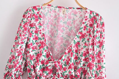 Vintage Cottagecore Blouse - Floral Half Sleeve V-Neck Cottagecore Aesthetic - Women Floral Print Front Tie Boho