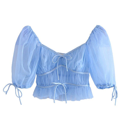 Cottagecore Aesthetic, Blue Tulle Crop Blouse - Fairycore Clothing, Midi Puff Sleeves Slim Blouse Top - Women V-Neck Lace Bow Top