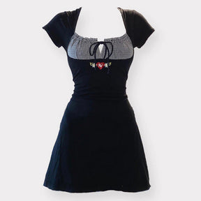 Cottagecore Clothing, Vintage Bow Embroidery Mini Dress - Y2K Aesthetic, Square Collar Black Dress - Women Retro Patchwork Fairy Dress