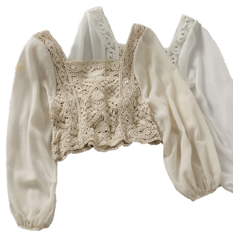 Vintage Cottagecore Blouse - Y2k Aesthetic, Hollow Puffy Sleeves Knitted Blouse - Women Square Collar Boho Pullover Top